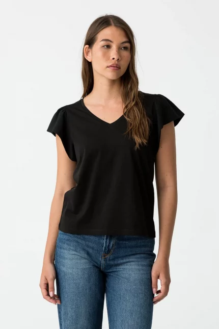 CAMISETA VOLANTES NEGRA MUJER 10059222_000
