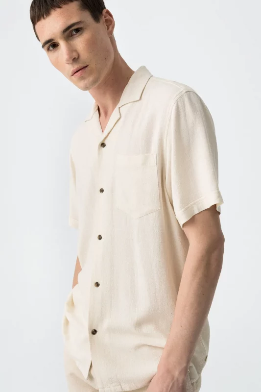 CAMISA LINO MANGA CORTA BEIGE HOMBRE 10060302_158