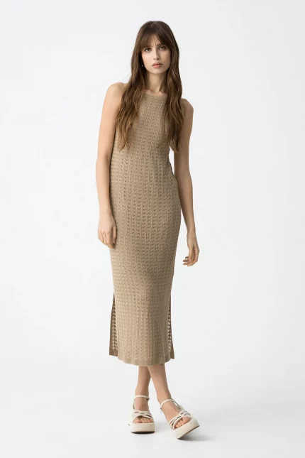 VESTIDO MIDI PUNTO ABIERTO BEIGE 10059016_173