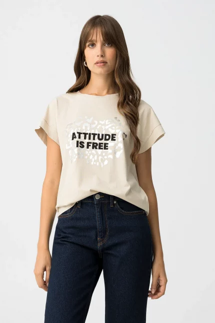 CAMISETA ESTAMPADO METALIZADO BEIGE MUJER KIRA 10064148_134