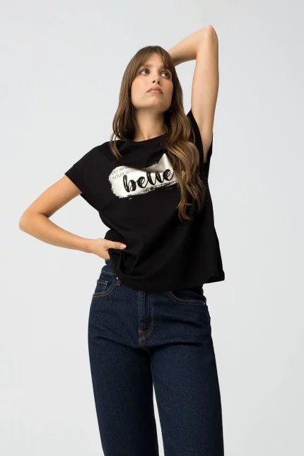 CAMISETA ESTAMPADO METALIZADO NEGRA MUJER KIRA 10064148_000